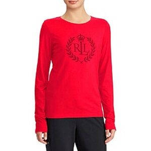 Ralph Lauren Red Long Sleeve Tee with Logo and Rhinestone trim.